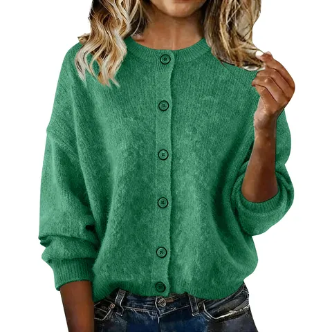 Dames Casual Effen Kleur Geribbelde Vest Trui Enkele Rij Knopen Ronde Hals Lange Mouwen Herfst Winter Top