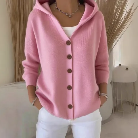 Damen Casual Kapuzen Strickjacke Einfarbig Einreihig Langarm Button Up Pullover Top Herbst Winter Lockere Strickwaren