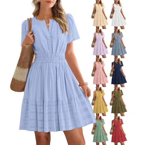 Women Summer V Neck Puff Sleeve Tiered Midi Dress Solid Smocked High Waist Ruffle Polyester Fashion A-Line Beach Sun Dress