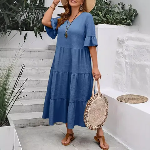 Women Plus Size V Neck Short Sleeve Tiered Maxi Dress Summer Casual Loose Polyester Sun Dress Patchwork Ruffle Midi Dress
