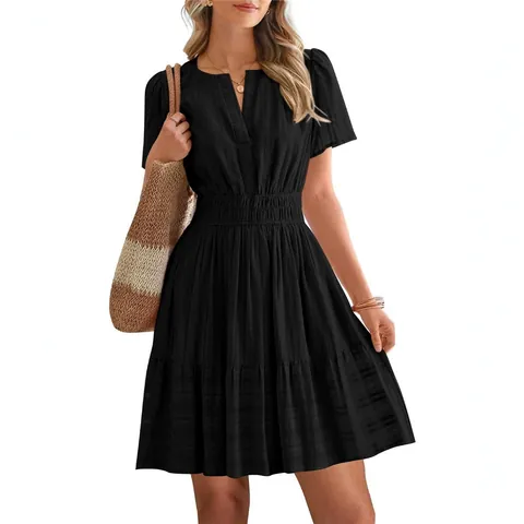 Women Summer V-Neck Puff Sleeve Tiered Midi Dress Casual Solid Color Pleated Short Sleeve Layered A-Line Sun Dress