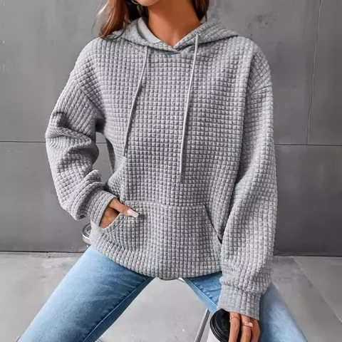 Women Waffle Knit Hoodie Long Sleeve Solid Color Pullover Top With Pocket Casual Loose Hooded Sweatshirt For Autumn Winter