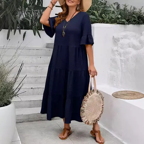 Women Plus Size V Neck Short Sleeve Tiered Maxi Dress Summer Casual Loose Polyester Sun Dress Patchwork Ruffle Midi Dress