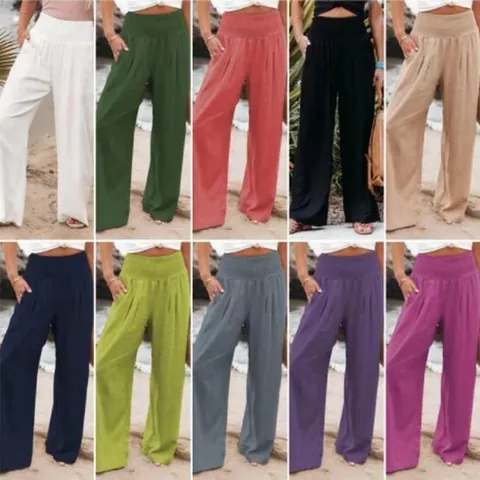 Women Cotton Linen Smocked High Waist Wide Leg Pants Plus Size Casual Boho Loose Trousers Solid Color Beach Bottom