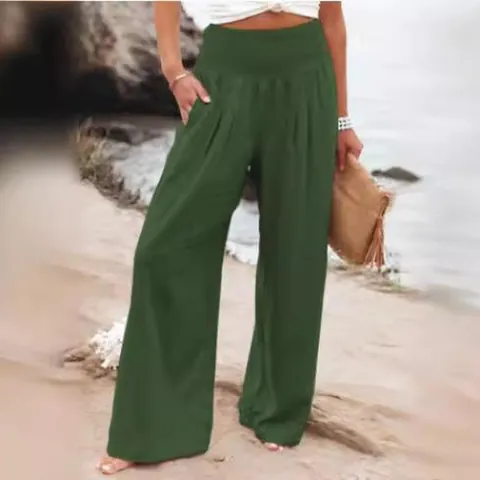 Women Cotton Linen Smocked High Waist Wide Leg Pants Plus Size Casual Boho Loose Trousers Solid Color Beach Bottom