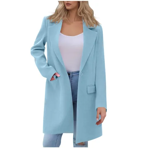 Women Mid-Length Lapel Blazer Coat Elegant Solid Color Long Sleeve Single Button Casual Commuter Office Outerwear With Pockets