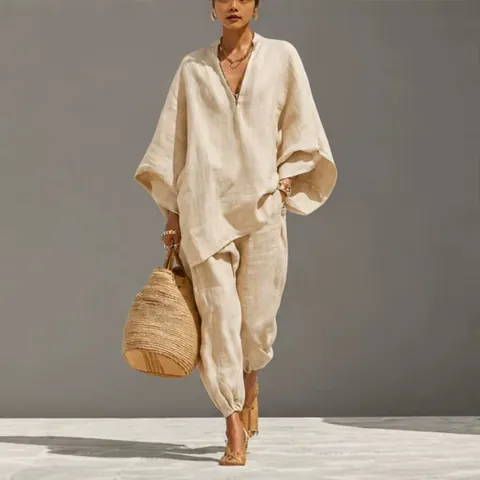 Women Casual Summer V-Neck Batwing Sleeve Top And Bottom Loose Solid Color Vacation Outfits Polyester Woven Leisure Suit