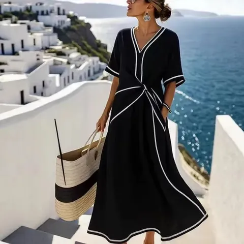 Women Elegant V-Neck Maxi Dress Bohemian Knot Waist Irregular Hem Short Sleeve Polyester Linen Blend Vacation Long Dress