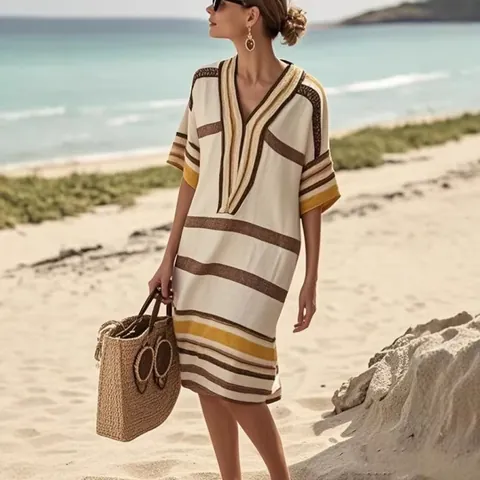 Women Summer Casual Striped V-neck Dress Half Sleeve Loose Fit Midi Skirt High Waist Polyester Holiday Beach Sun Dress