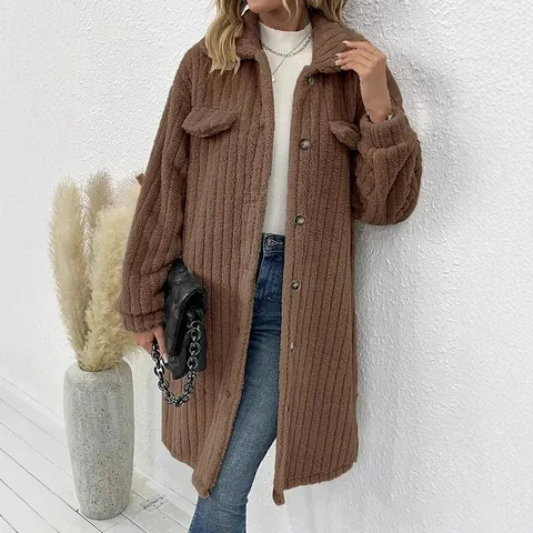 Dames Faux Fur Lamswol Teddy Jas Lange Mouw Revers Single Breasted Dik Warm Effen Kleur Casual Outwear Top Herfst Winter