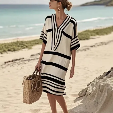 Women Summer Casual Striped V-neck Dress Half Sleeve Loose Fit Midi Skirt High Waist Polyester Holiday Beach Sun Dress