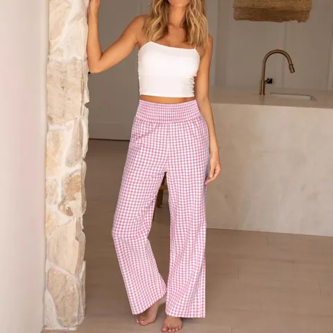 Women's High Waisted Wide Leg Pants Casual Loose Smocked Waist Checkerboard Plaid Striped Trousers Polyester Long Pants For Women