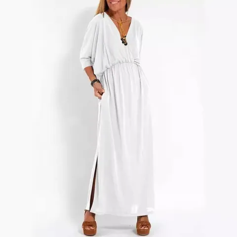 Women French Style V Neck High Waist Maxi Dress Solid Color Loose Casual Side Slit Short Sleeve Polyester Long Dress