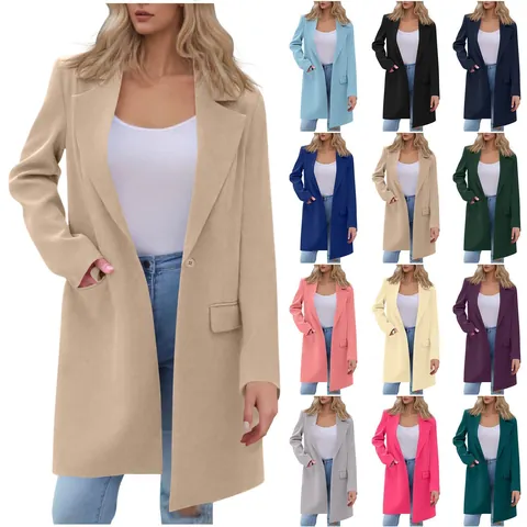 Women Mid-Length Lapel Blazer Coat Elegant Solid Color Long Sleeve Single Button Casual Commuter Office Outerwear With Pockets