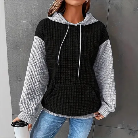 Women Waffle Knit Color Block Hoodie Casual Oversized Patchwork Pullover Sweatshirt Kangaroo Pocket Long Sleeve Top