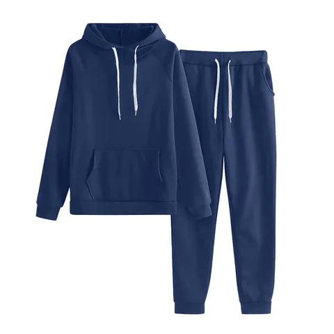 Women's Casual Hooded Sweatshirt And Sweatpants Outfit Solid Color Drawstring Sporty Long Sleeve Top And Bottom