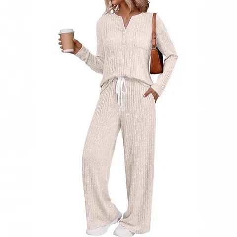 Women Ribbed Knit Loungewear Casual V Neck Long Sleeve Top And Bottom Fashion Solid Color Home Outfits Jogger Set