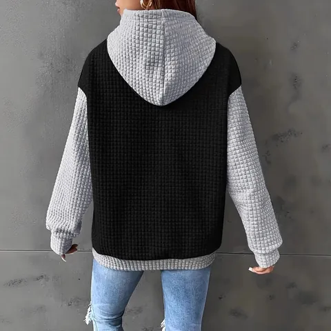 Women Waffle Knit Color Block Hoodie Casual Oversized Patchwork Pullover Sweatshirt Kangaroo Pocket Long Sleeve Top