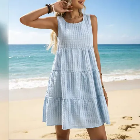 Women's Casual Sleeveless Tiered A-Line Dress Summer Beach Hollow Out Solid Color Round Neck Mini Sundress