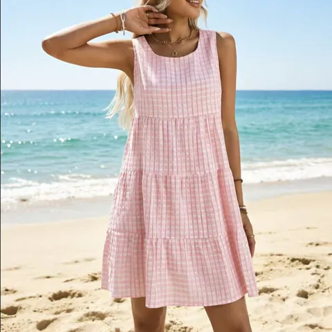 Women's Summer Sleeveless Gingham Plaid Tiered Dress Casual U-Neck Loose A-Line Beach Sun Dress For Women