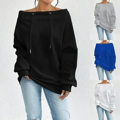 Women's Sexy Off-Shoulder Sweatshirt Loose Casual Long Sleeve Top With Drawstring Solid Color Polyester Pullover Top
