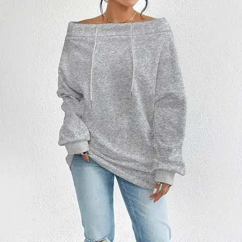 Women's Sexy Off-Shoulder Sweatshirt Loose Casual Long Sleeve Top With Drawstring Solid Color Polyester Pullover Top