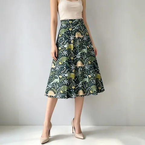 Women Bohemian Floral Dinosaur Print High Waist Elastic A-Line Mid-Length Skirt Polyester Casual Vacation Beach Skirt For Women