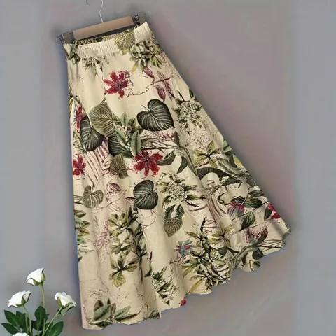 Women Bohemian Floral Dinosaur Print High Waist Elastic A-Line Mid-Length Skirt Polyester Casual Vacation Beach Skirt For Women
