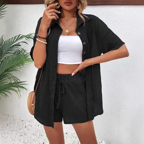 Women Casual Pleated Top And Bottom Short Sleeve Button Shirt And Tie Waist Shorts Loose Pure Color Summer Vacation Outfit