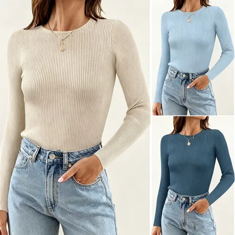 Dames Casual Geribd Breisel Top Ronde Hals Lange Mouw Slim Fit Effen Kleur Pullover Top
