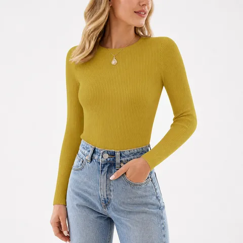 Dames Casual Geribd Breisel Top Ronde Hals Lange Mouw Slim Fit Effen Kleur Pullover Top