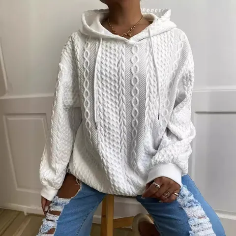 Sudadera con Capucha Casual Jacquard Trenzado para Mujer Manga Larga Poliéster Color Sólido Top