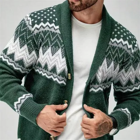 Men's Vintage Geometric Jacquard Knitted Cardigan Sweater Long Sleeve Shawl Collar Button Casual Jacket Top Outerwear