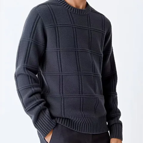 Pull en Tricot à Col Rond pour Hommes Grille 3D Coupe Décontractée Couleur Unie Manches Longues Chandail Épaissi Chaud Top