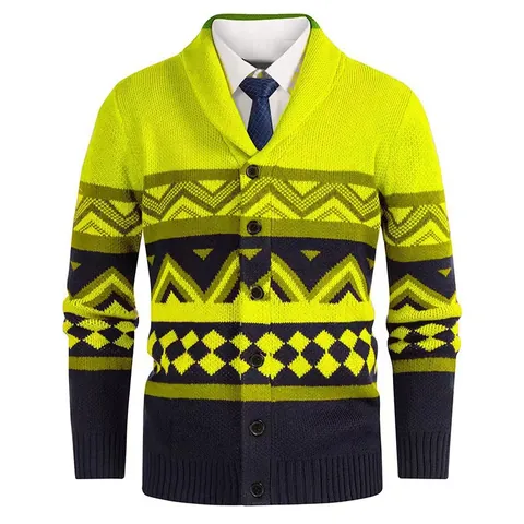 Men's British Style Polyester Knit Cardigan Sweater Shawl Collar Color Block Geometric Pattern Slim Fit Button Down Top