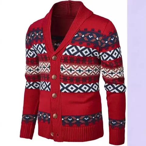 Men's American Vintage V-Neck Knitted Cardigan Sweater Geometric Jacquard Button Up Outwear Jacket Top For Autumn Winter