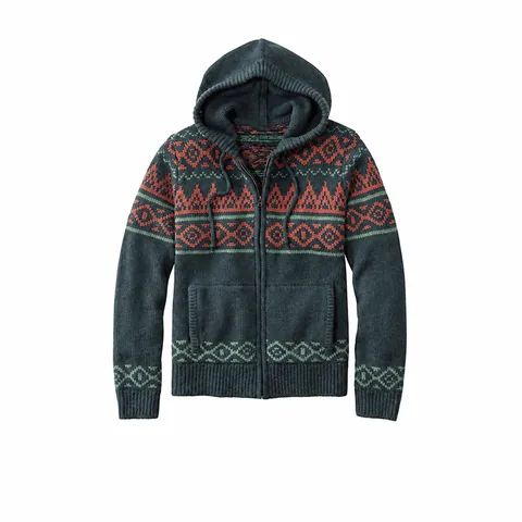Men Hooded Knit Cardigan Polyester Fair Isle Geometric Pattern Zipper Sweater Jacket Casual Retro Fashion Top For Youth