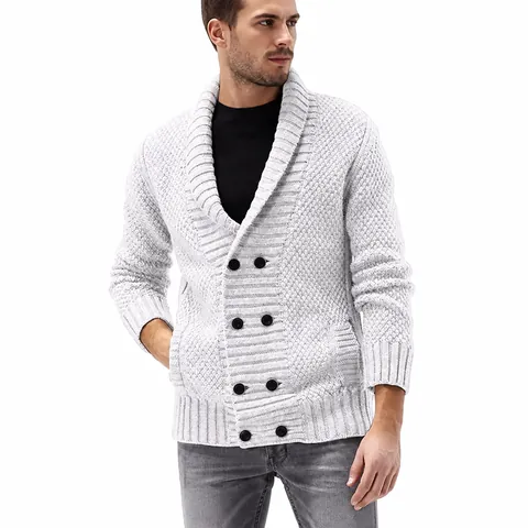 Men Knitted Cardigan Double Breasted Shawl Collar Sweater Polyester Long Sleeve Solid Color Thick Autumn Winter Knit Top