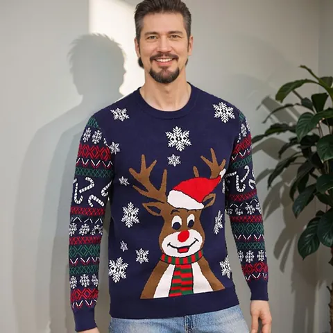 Men Christmas Knit Sweater Reindeer Snowflake Pattern Round Neck Long Sleeve Pullover Slim Fit Holiday Casual Knitwear Top