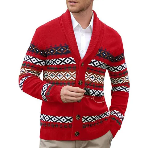 Men's American Vintage V-Neck Knitted Cardigan Sweater Geometric Jacquard Button Up Outwear Jacket Top For Autumn Winter