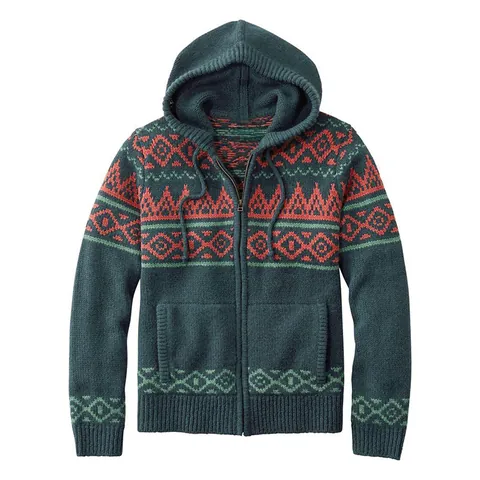 Men Hooded Knit Cardigan Polyester Fair Isle Geometric Pattern Zipper Sweater Jacket Casual Retro Fashion Top For Youth
