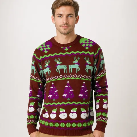 Men Christmas Knit Sweater Reindeer Snowflake Pattern Round Neck Long Sleeve Pullover Slim Fit Holiday Casual Knitwear Top