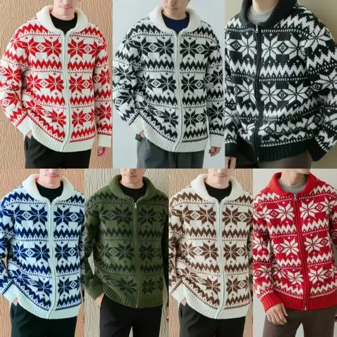 Men Vintage Snowflake Pattern Knitted Cardigan Sweater Polyester Loose Fit Zipper Up Lapel Collar Thick Warm Top For Winter