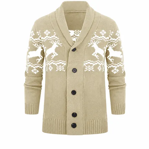 Men Christmas Reindeer Snowflake Jacquard Knit Cardigan Slim Fit Shawl Collar Button Down Sweater Jacket Top