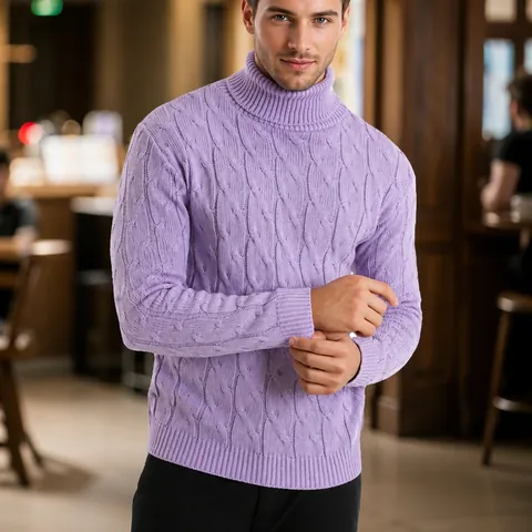 Suéter de Punto Trenzado para Hombre Color Sólido Manga Larga Cuello Redondo Cuello Cisne Moda Urbana Top Cálido