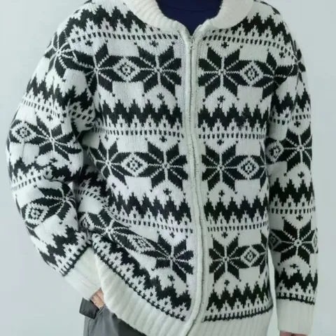 Men Vintage Snowflake Pattern Knitted Cardigan Sweater Polyester Loose Fit Zipper Up Lapel Collar Thick Warm Top For Winter