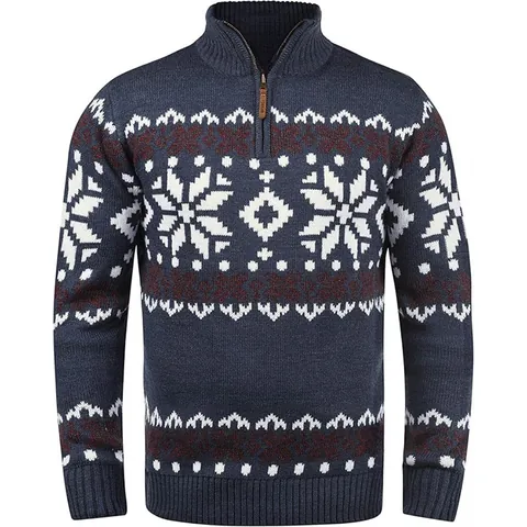 Maglione in Maglia da Uomo Vintage Con Mezza Zip Nordic Snowflake Jacquard Slim Fit Casual Pullover Invernale Caldo Top