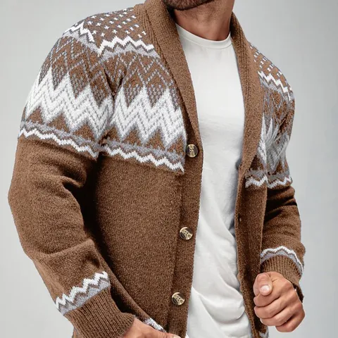 Men's Vintage Geometric Jacquard Knitted Cardigan Sweater Long Sleeve Shawl Collar Button Casual Jacket Top Outerwear