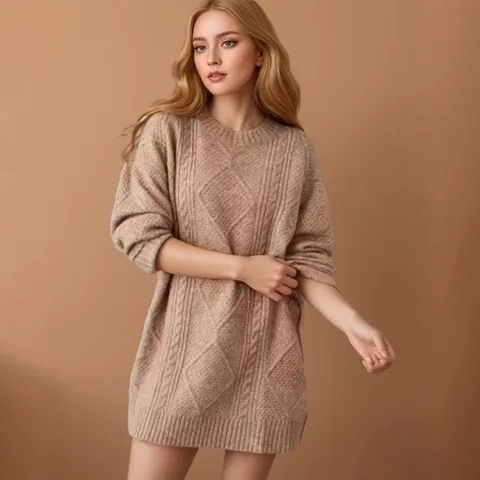 Pull Torsadé Oversize Style Décontracté pour Femmes Rétro Manches Longues Col Rond Pull Mi-Long Couleur Unie Automne Hiver Vêtement Top