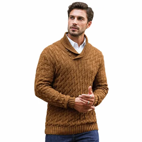 Ανδρικό Πλεκτό Πουλόβερ από Πολυεστέρα Slim Fit Γιακάς Σάλι Με Κουμπιά Γεωμετρικό Σχέδιο Ψαροκόκαλο Μακρύ Μανίκι